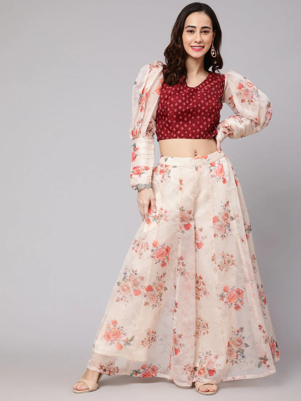 Maroon & Cream Floral Printed Top With Palazzo Set