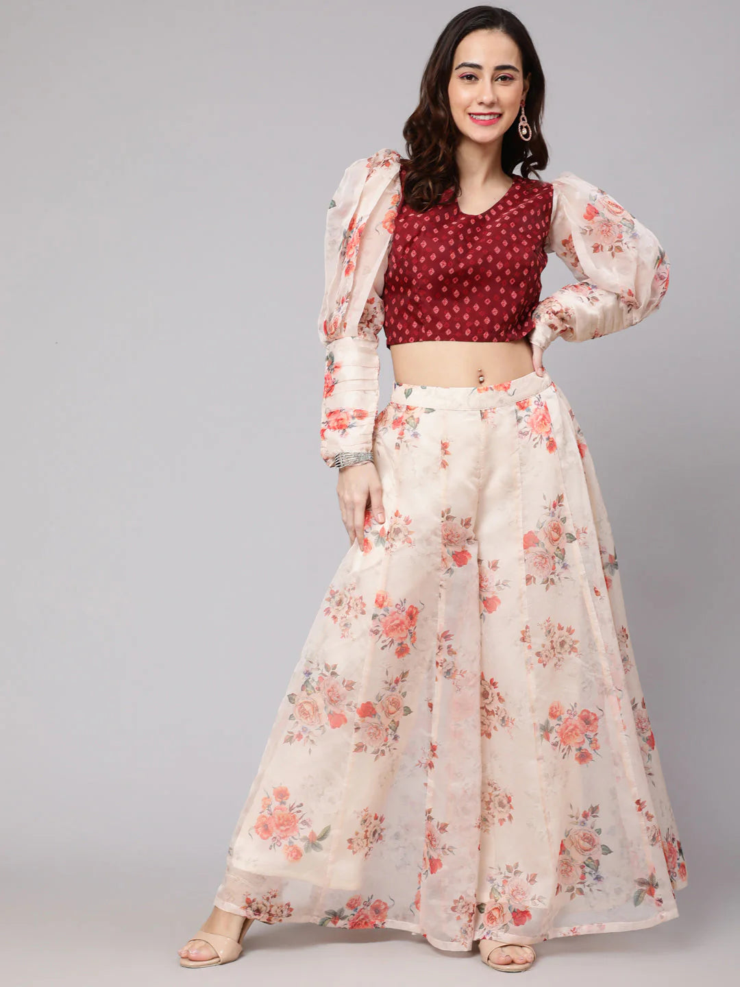 Maroon & Cream Floral Printed Top With Palazzo Set