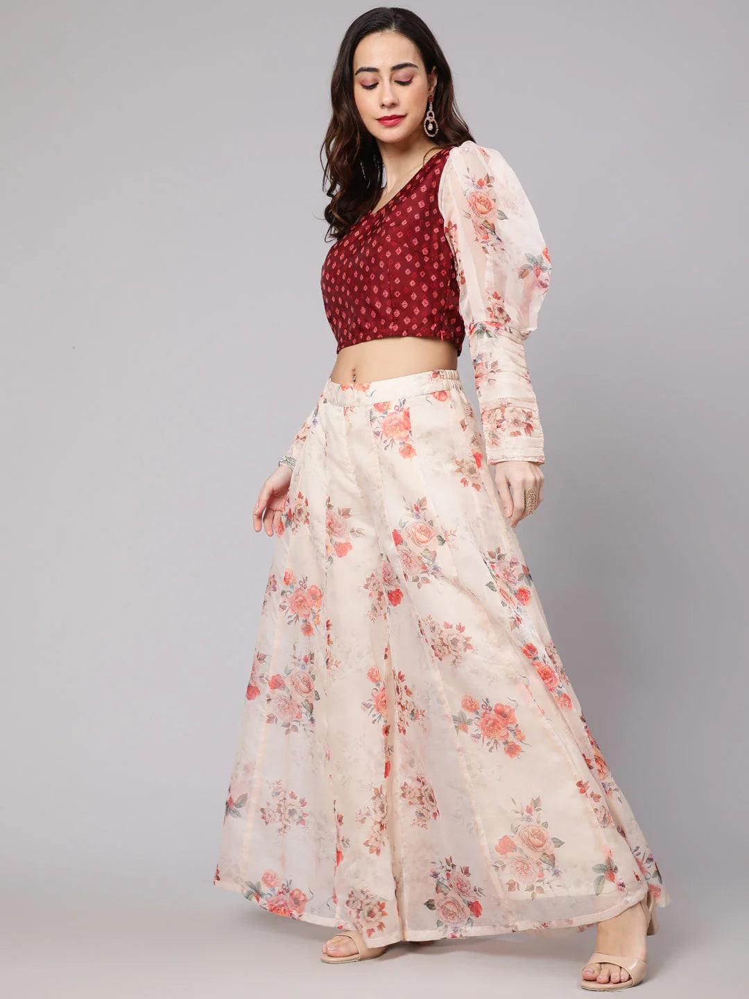 Maroon & Cream Floral Printed Top With Palazzo Set