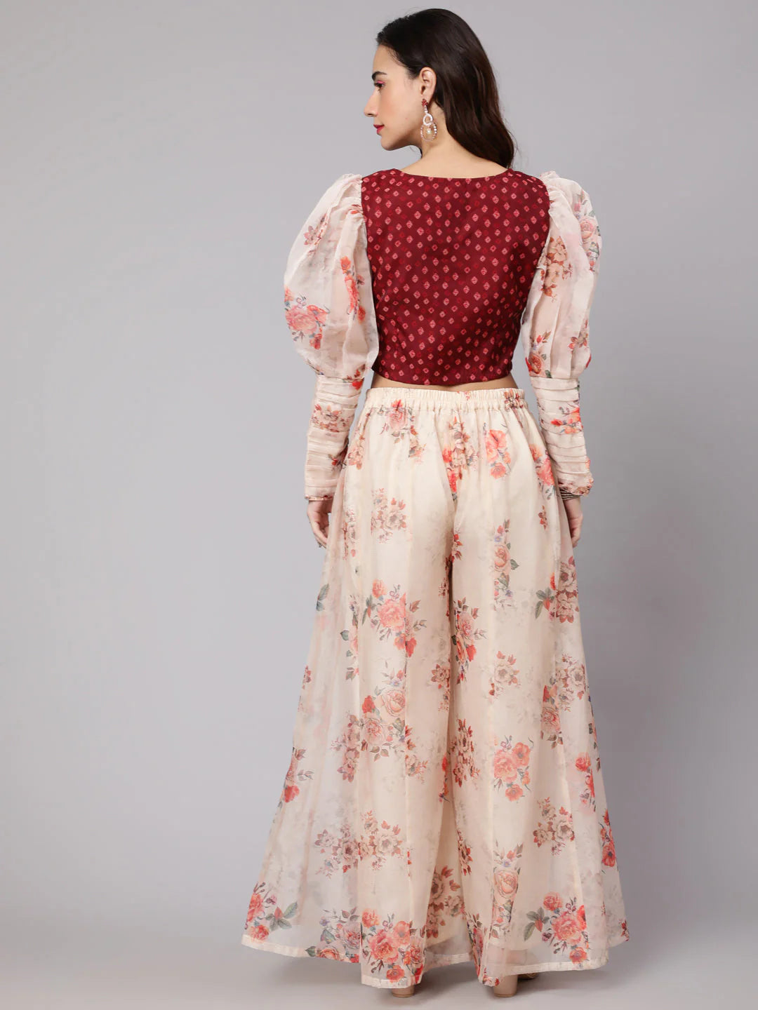 Maroon & Cream Floral Printed Top With Palazzo Set