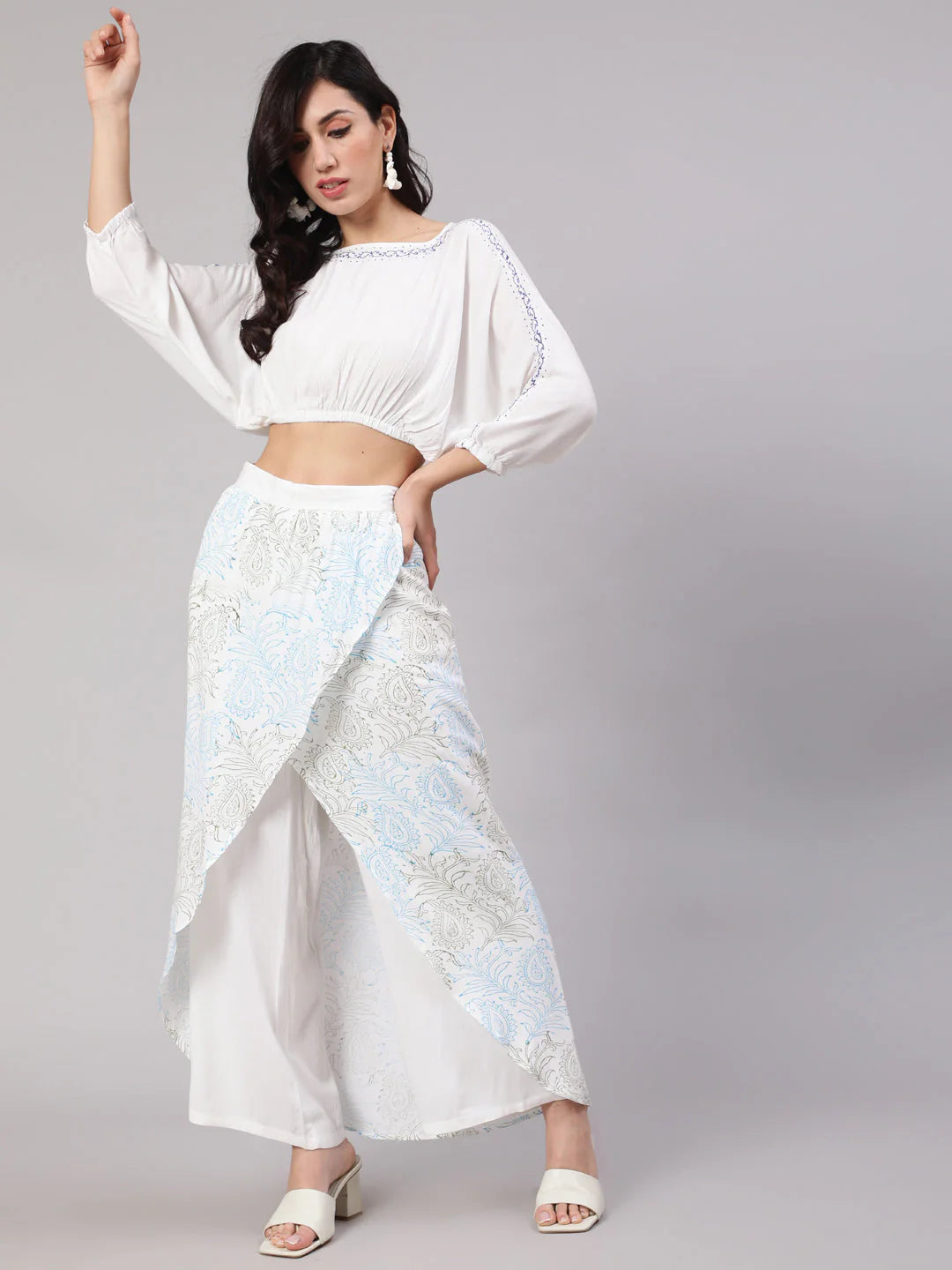 White Hand Block Printed Crop Top With Overlap Skirt Set