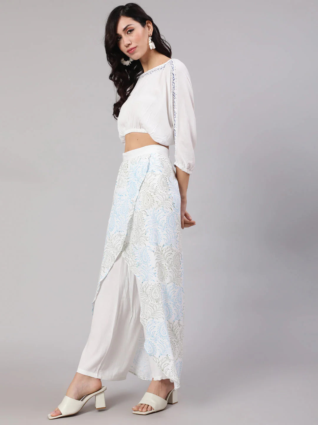 White Hand Block Printed Crop Top With Overlap Skirt Set