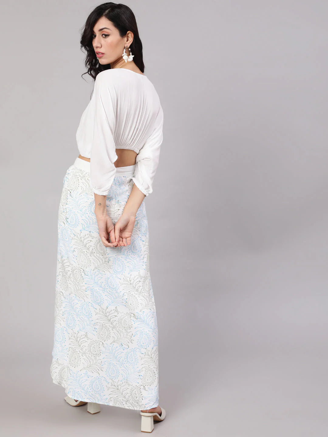 White Hand Block Printed Crop Top With Overlap Skirt Set