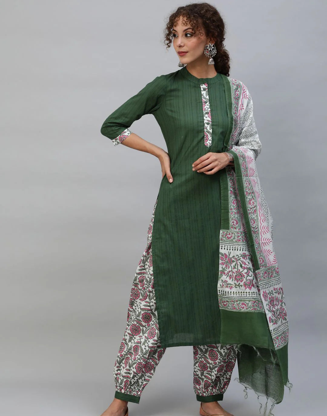 Green & Pink Floral Printed Kurta & Ballon Palazzo With Dupatta Set