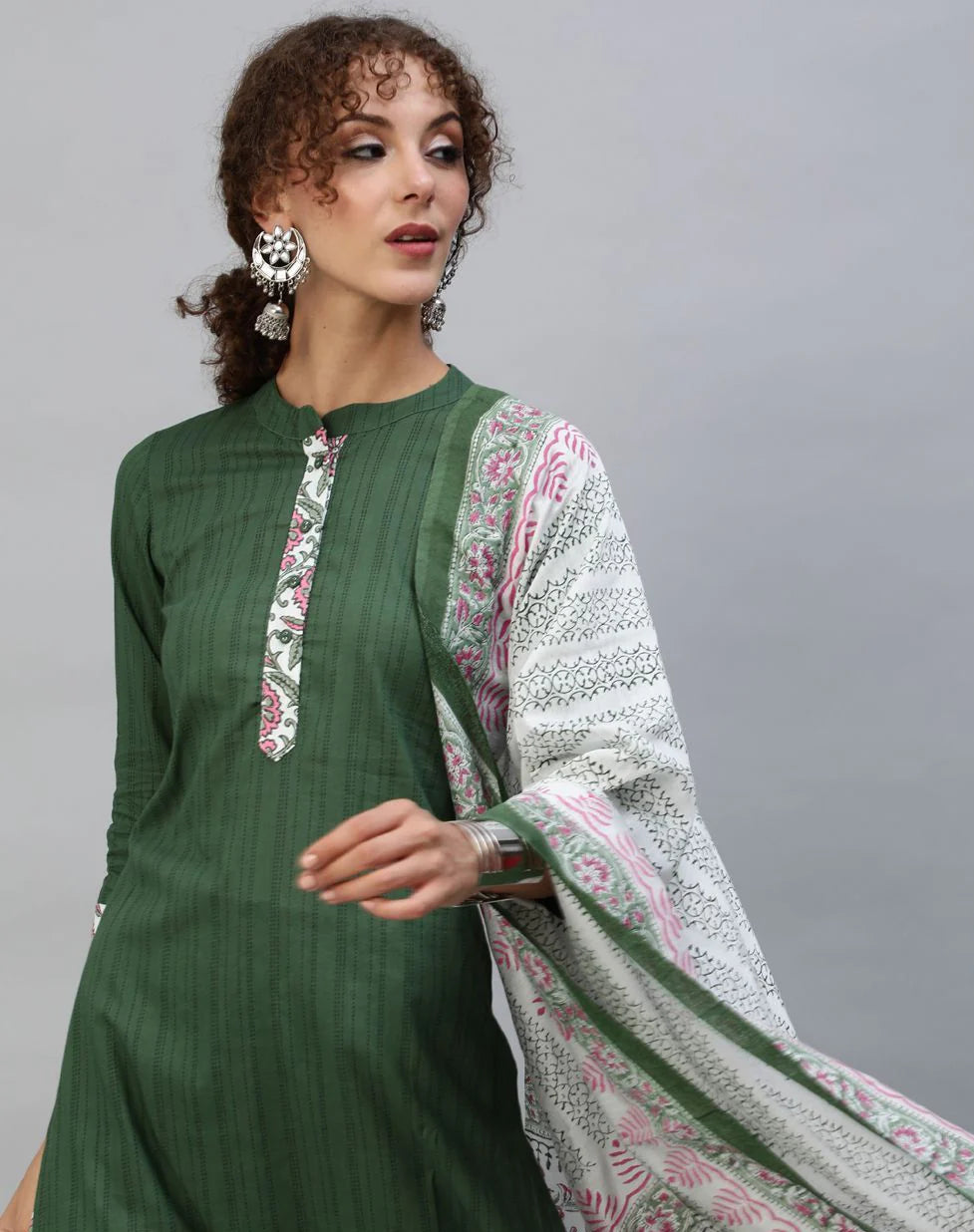 Green & Pink Floral Printed Kurta & Ballon Palazzo With Dupatta Set