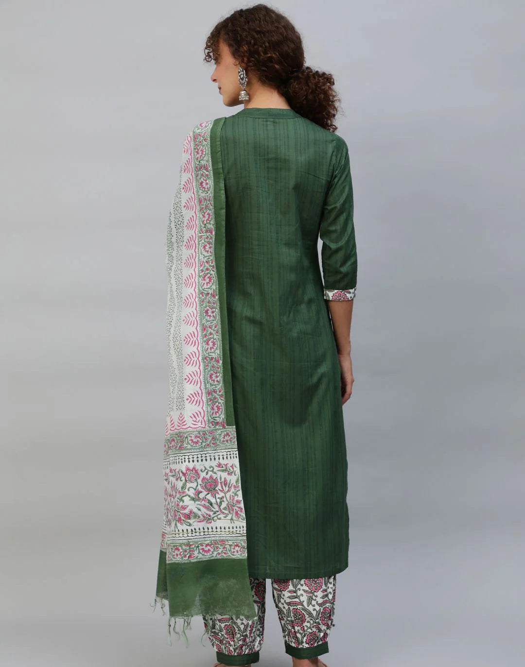 Green & Pink Floral Printed Kurta & Ballon Palazzo With Dupatta Set