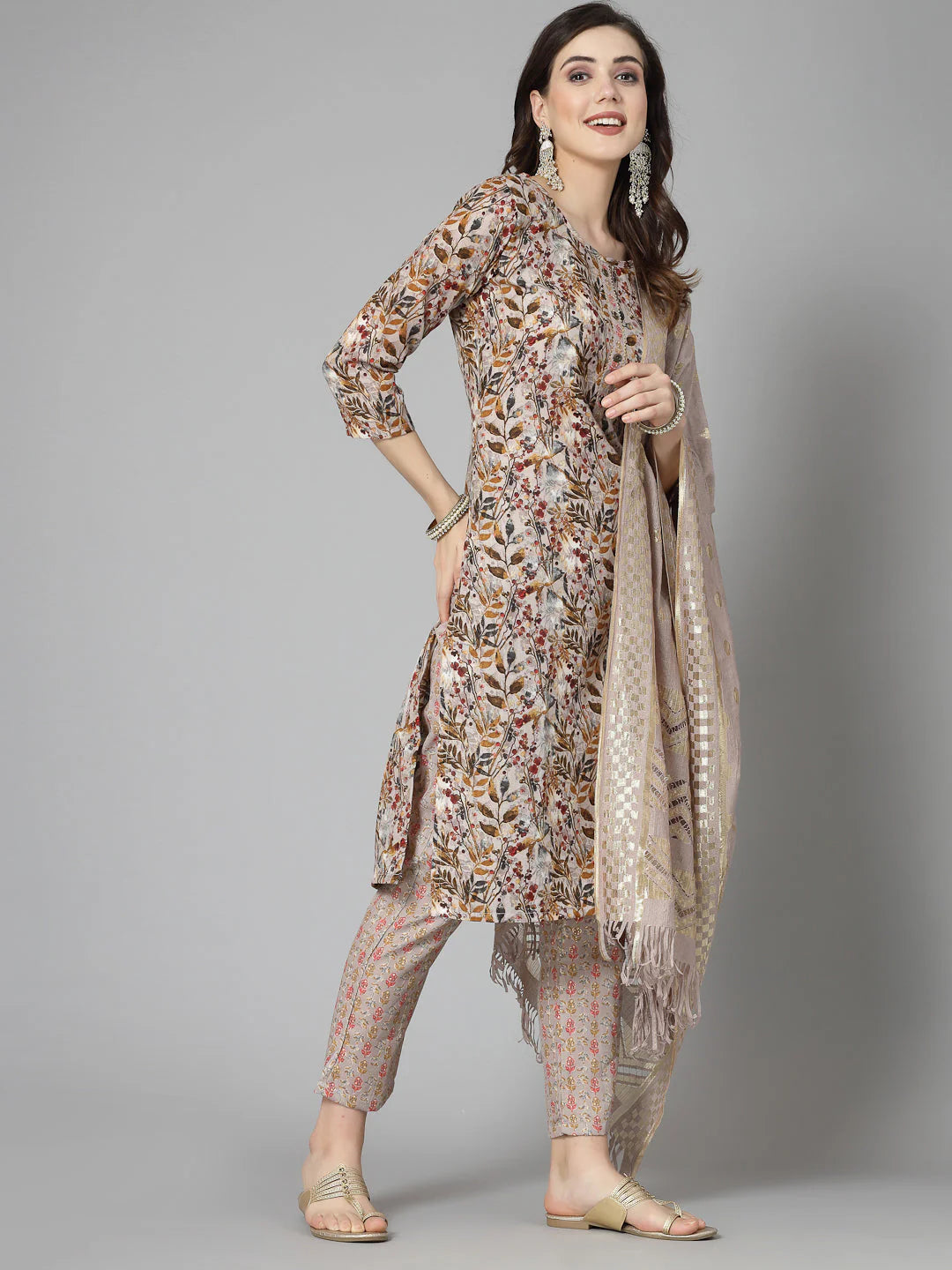 Floral Printed Cotton Blend Straight Kurta Pant Dupatta Set