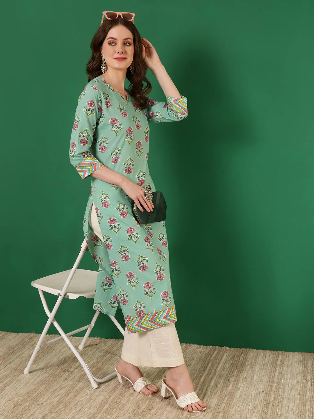 Cotton Printed Calf Length 3/4 Sleeve Round Neck Straight Kurta