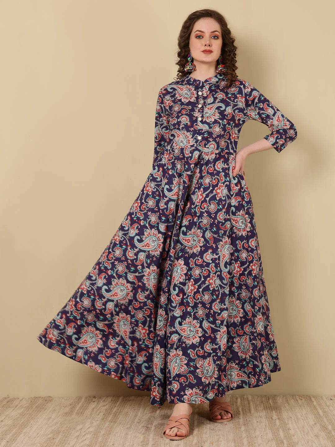 Cotton Printed Ankle Length 3/4 Sleeve Mandarin Neck Anarkali Kurta
