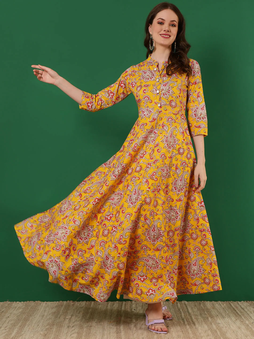 Cotton Printed Ankle Length 3/4 Sleeve Mandarin Neck Anarkali Kurta