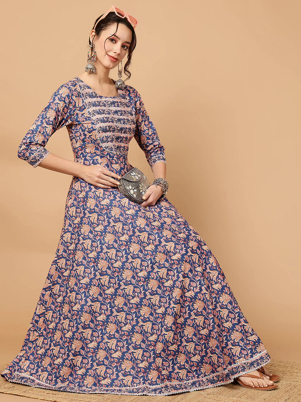 Rayon Printed Ankle Length 3/4 Sleeve Round Neck Anarkali Kurta
