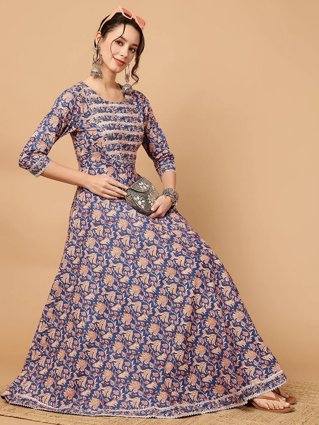Rayon Printed Ankle Length 3/4 Sleeve Round Neck Anarkali Kurta