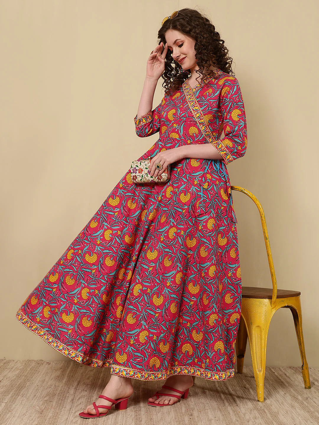 Cotton Printed Ankle Length 3/4 Sleeve V-Neck Angrakha Kurta