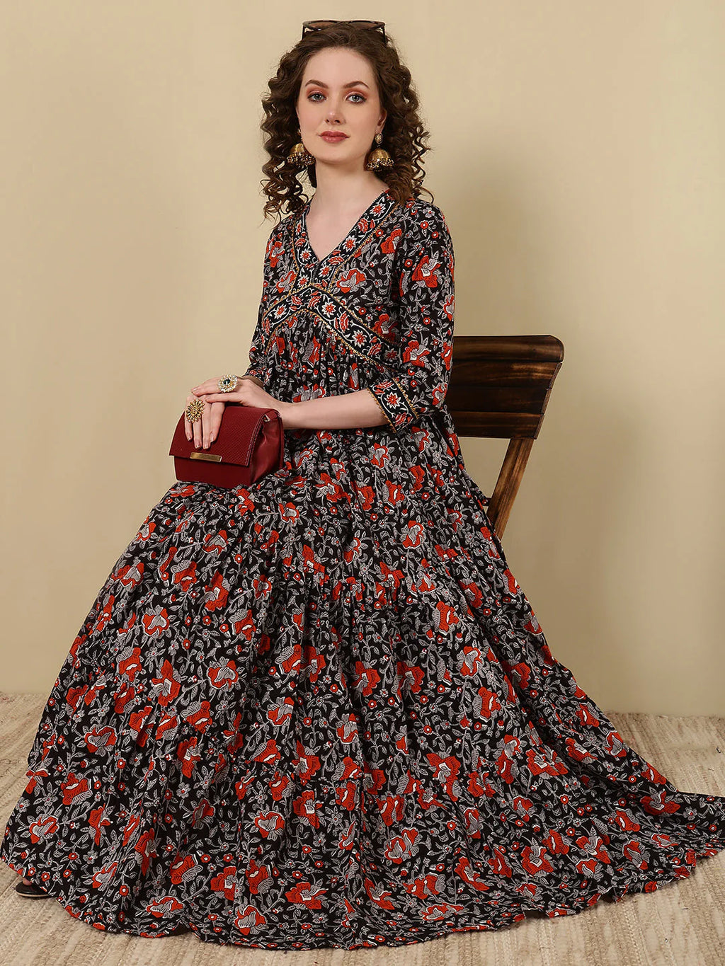 Rayon Printed Ankle Length 3/4 Sleeve V-Neck Alia Cut Tiered Kurta
