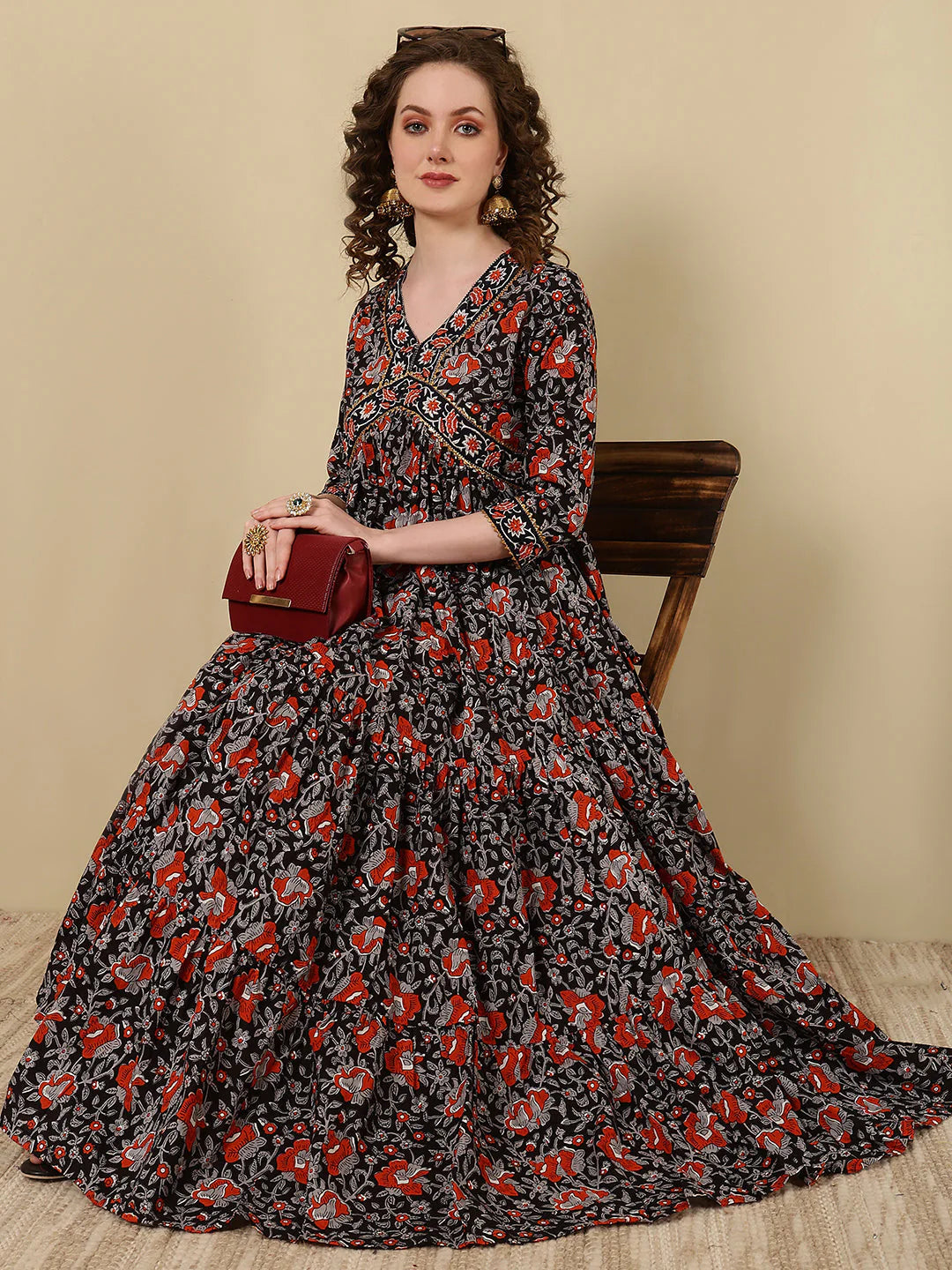 Rayon Printed Ankle Length 3/4 Sleeve V-Neck Alia Cut Tiered Kurta