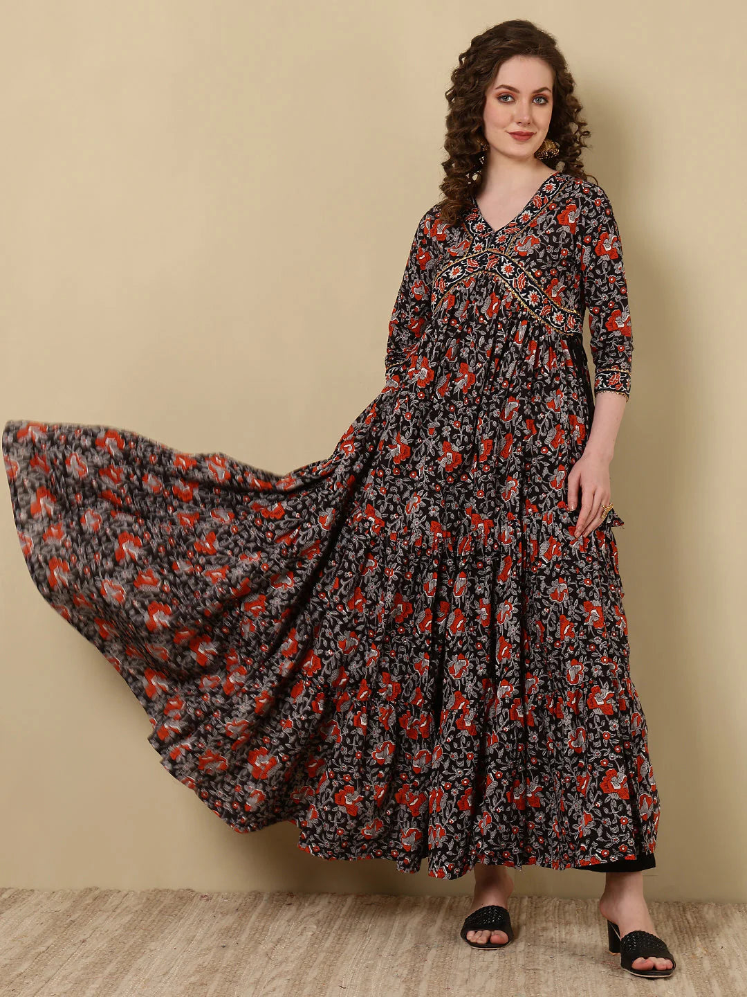 Rayon Printed Ankle Length 3/4 Sleeve V-Neck Alia Cut Tiered Kurta
