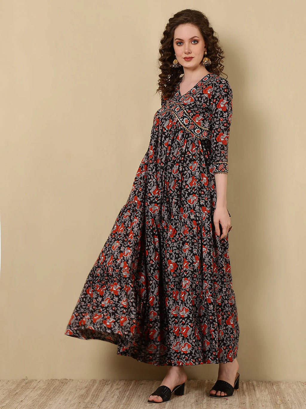 Rayon Printed Ankle Length 3/4 Sleeve V-Neck Alia Cut Tiered Kurta