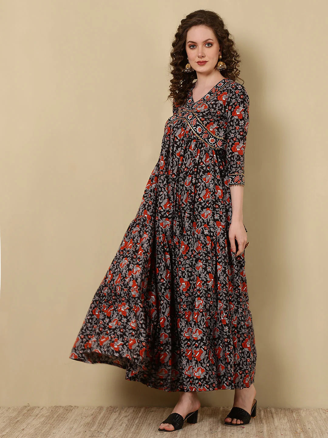 Rayon Printed Ankle Length 3/4 Sleeve V-Neck Alia Cut Tiered Kurta