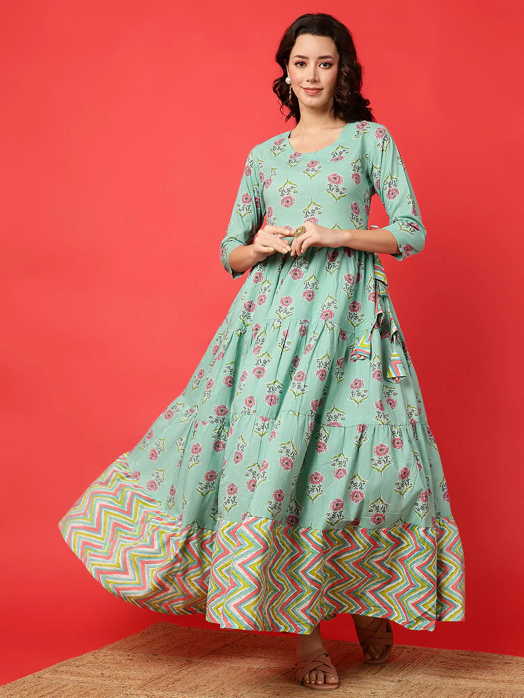 Cotton Printed Ankle Length 3/4 Sleeve Round Neck Tiered Kurta