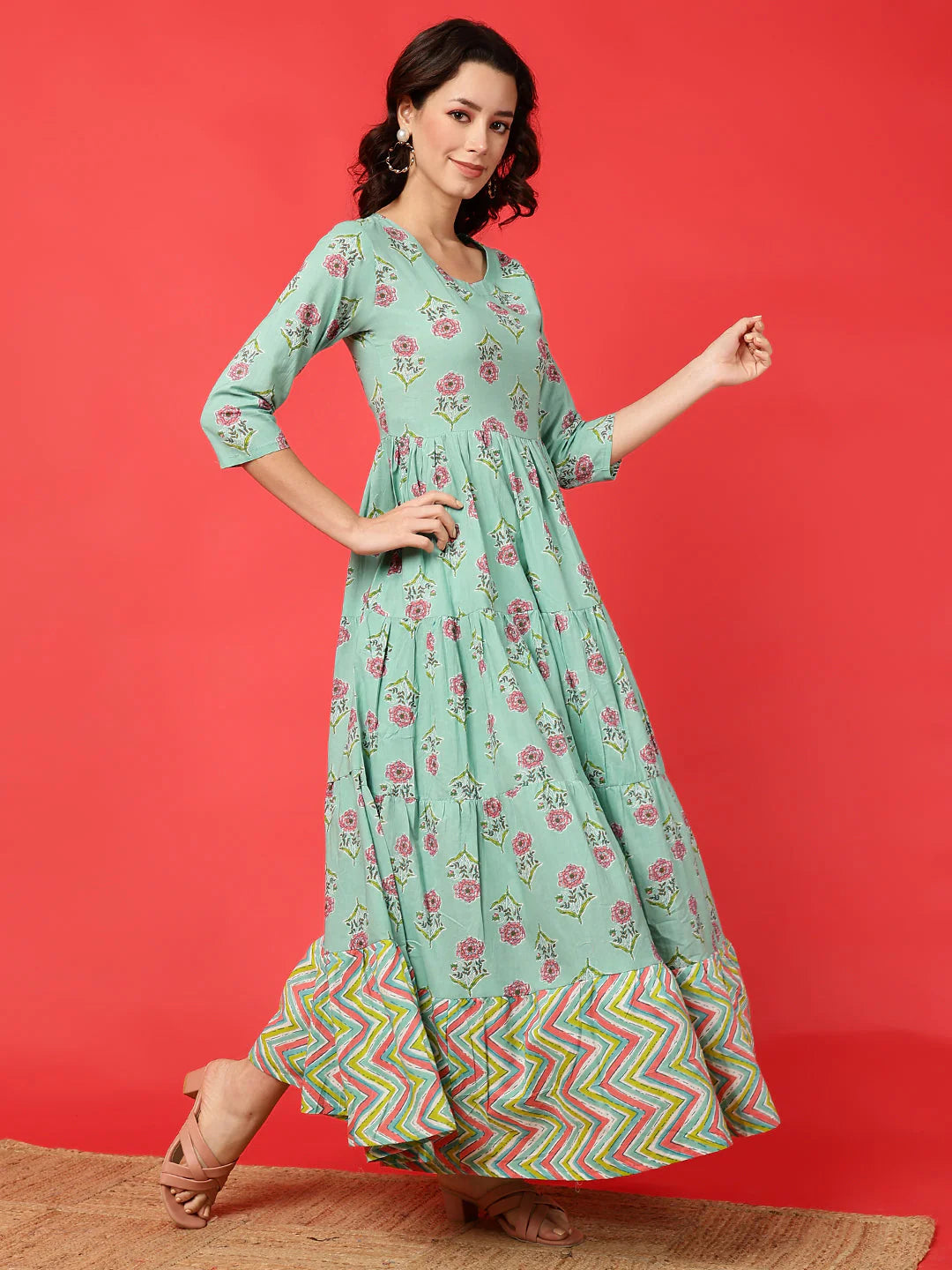 Cotton Printed Ankle Length 3/4 Sleeve Round Neck Tiered Kurta