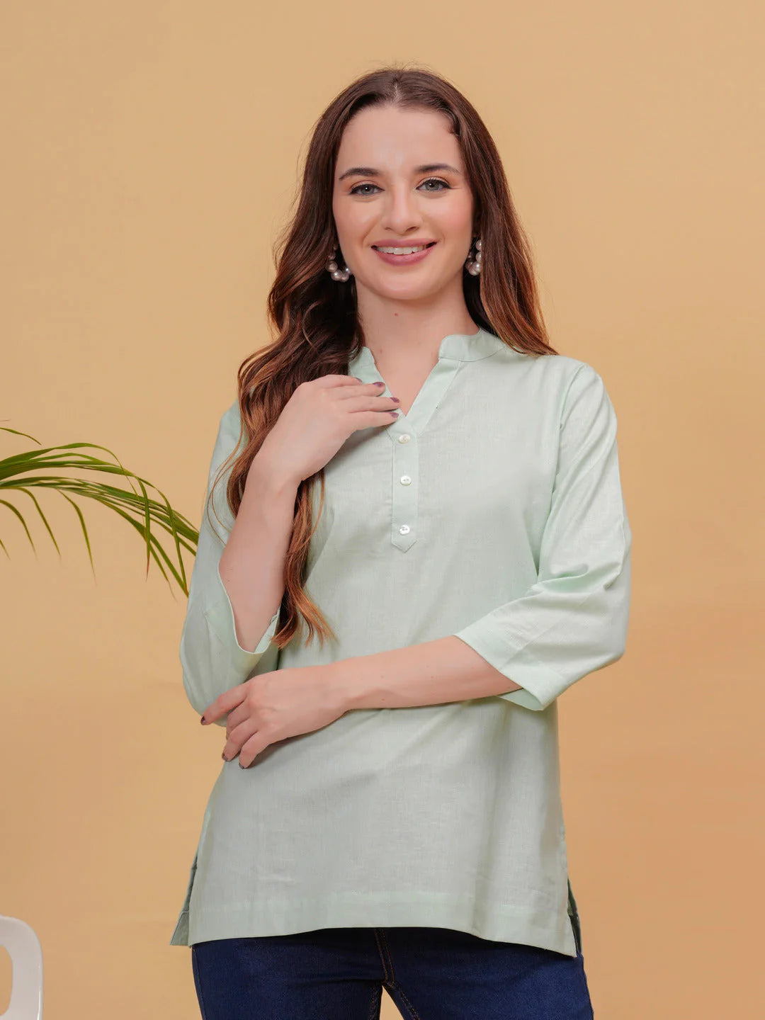 Parrot Green Solid Tops & Tunic - Linen Fabric, 3/4 Sleeves, Mandarin Collar And Hips Length