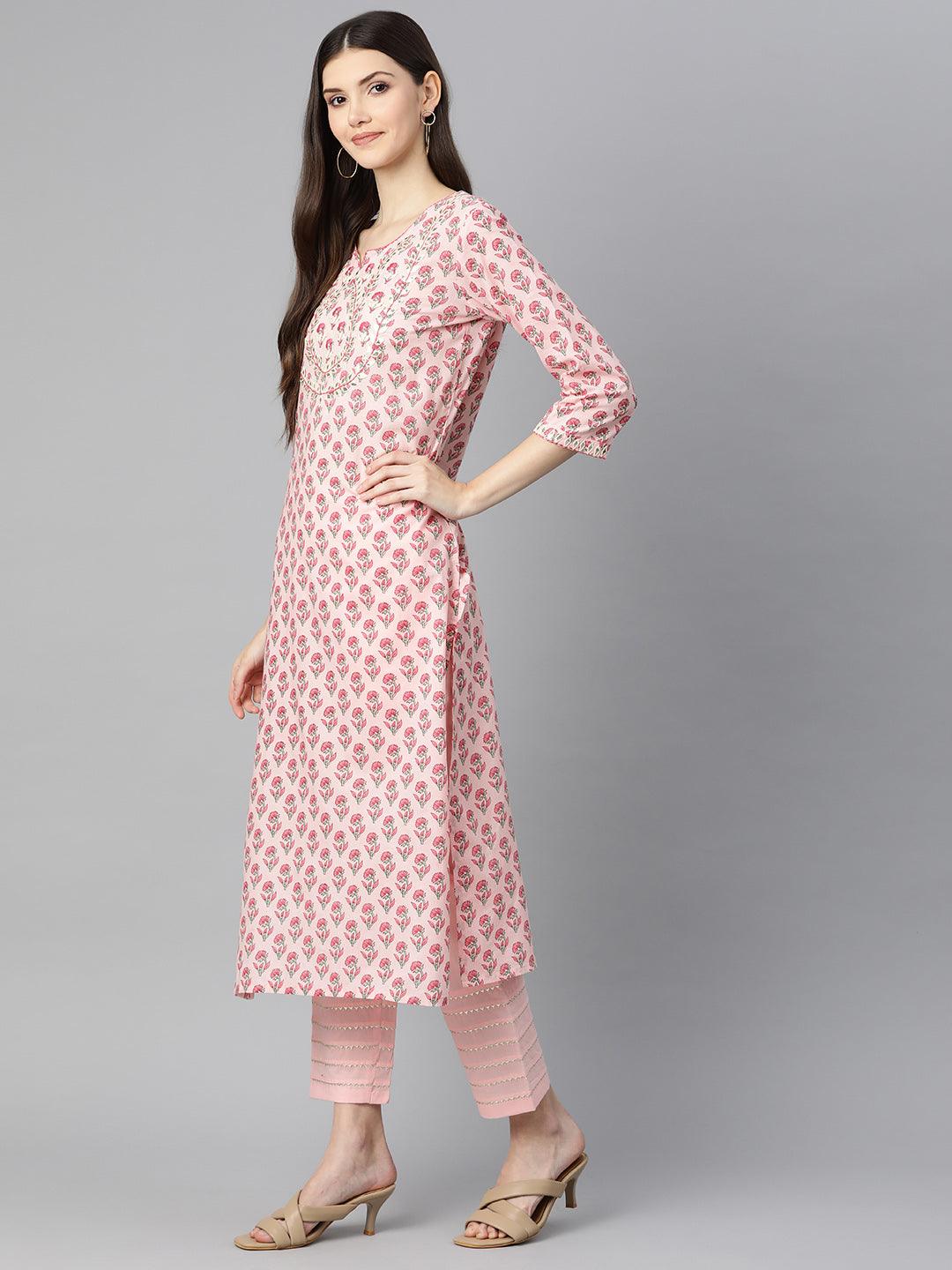 Pink Cotton Straight Kurta Pant Set With Dupatta