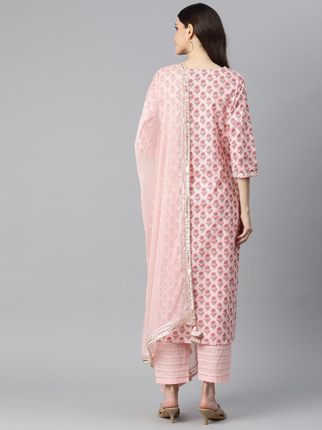 Pink Cotton Straight Kurta Pant Set With Dupatta