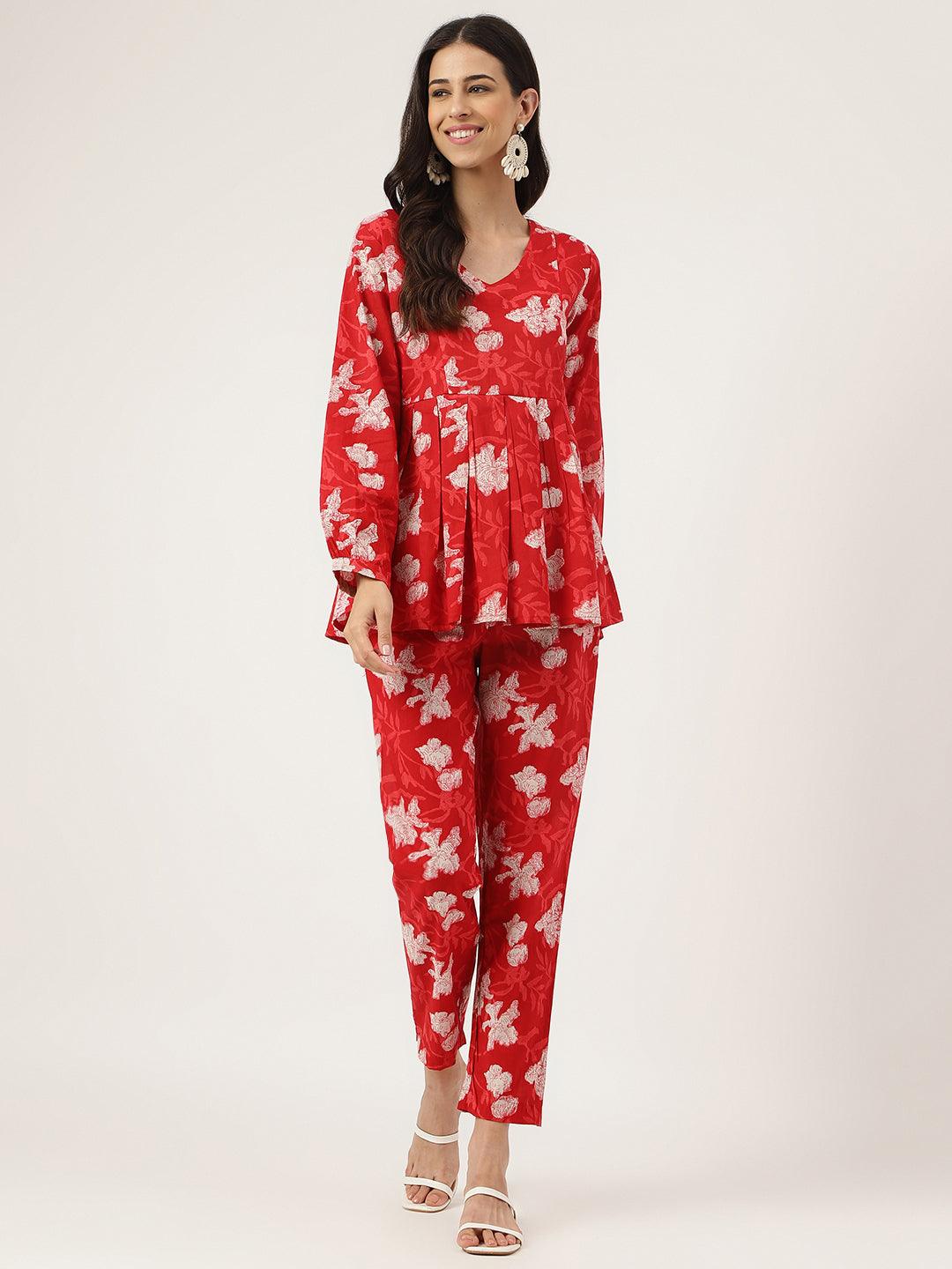 Red Cotton Peplum Top Pant Co-ords Sets