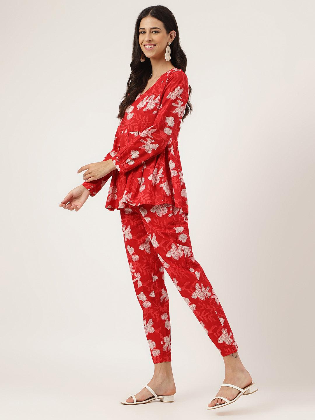 Red Cotton Peplum Top Pant Co-ords Sets