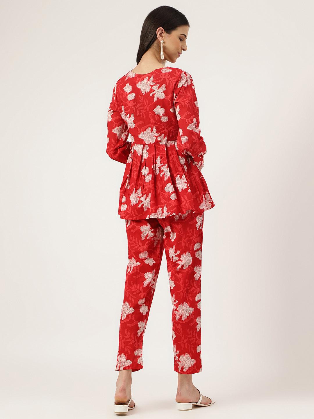 Red Cotton Peplum Top Pant Co-ords Sets
