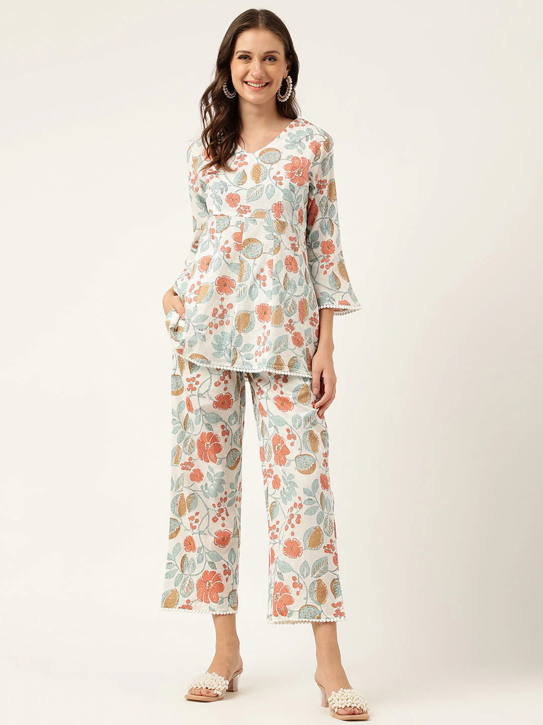Women Floral Printed Pure Cotton Tunic With Trousers