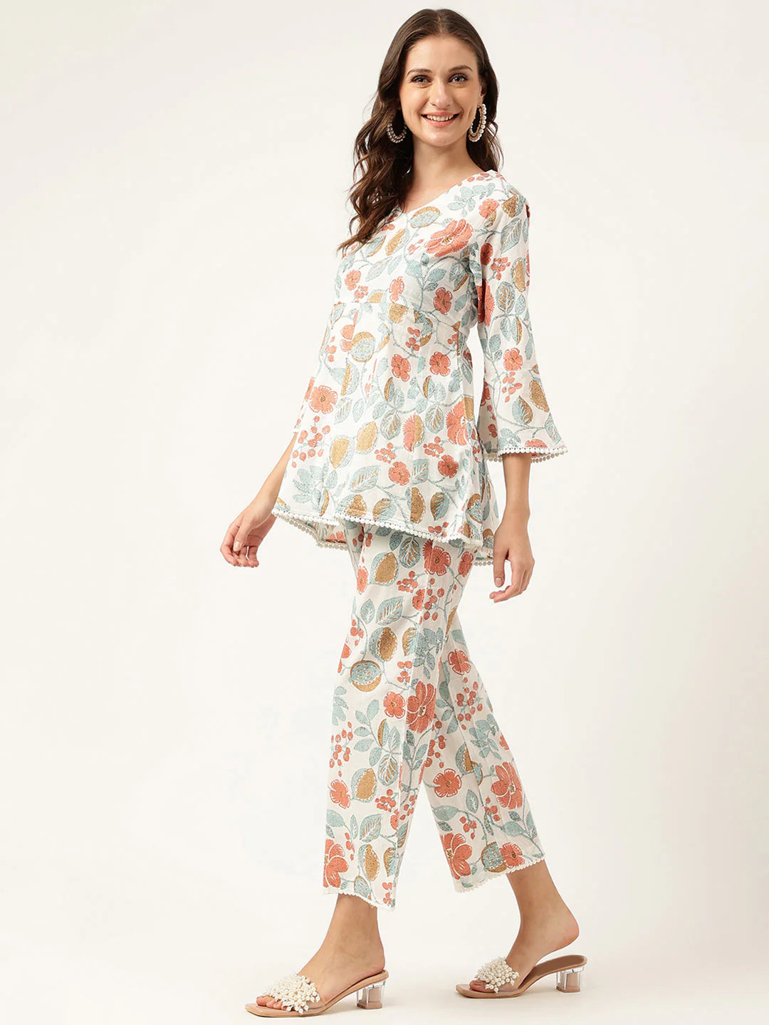 Women Floral Printed Pure Cotton Tunic With Trousers