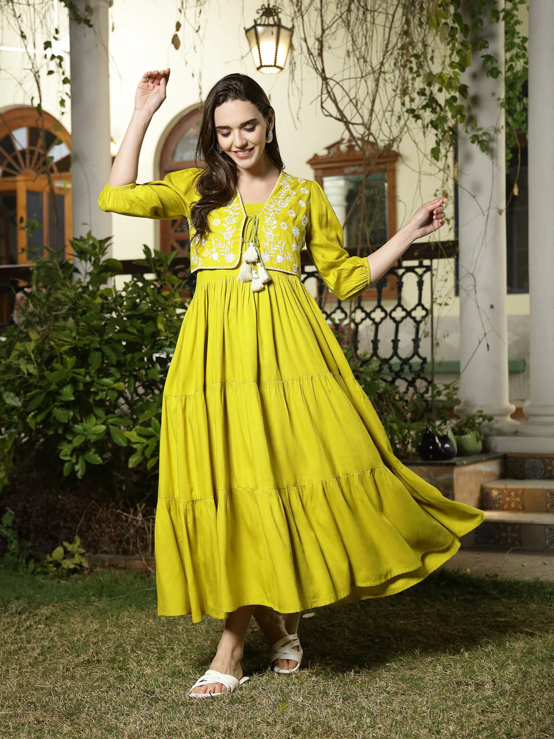 Corn Solid & Embroidered Rayon Tiered Dress with Jacket
