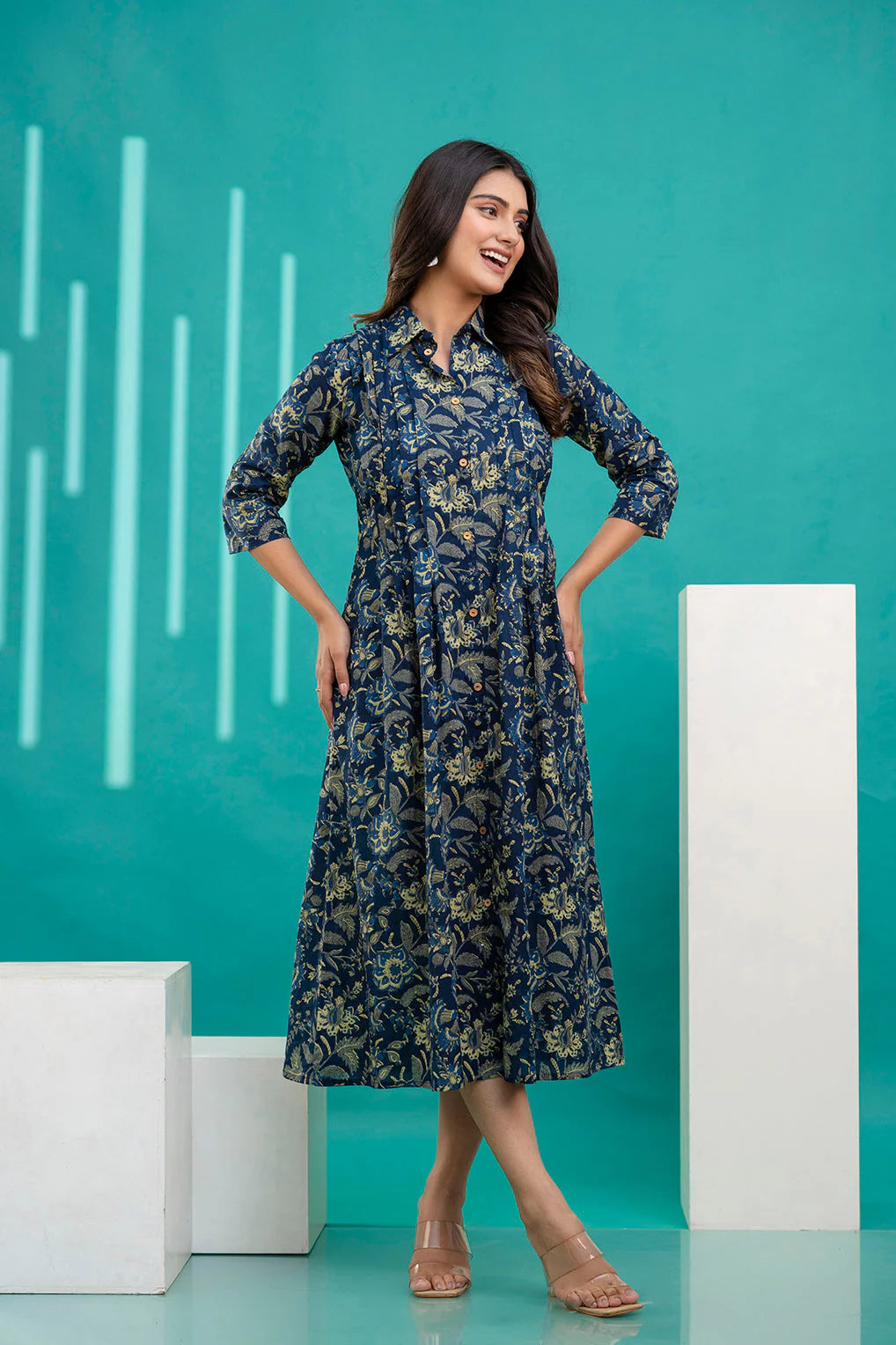 Blue Printed Flared Dress With Three quarter Sleeves