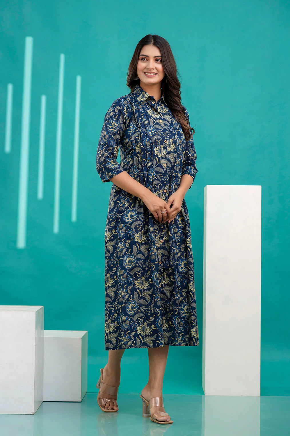 Blue Printed Flared Dress With Three quarter Sleeves