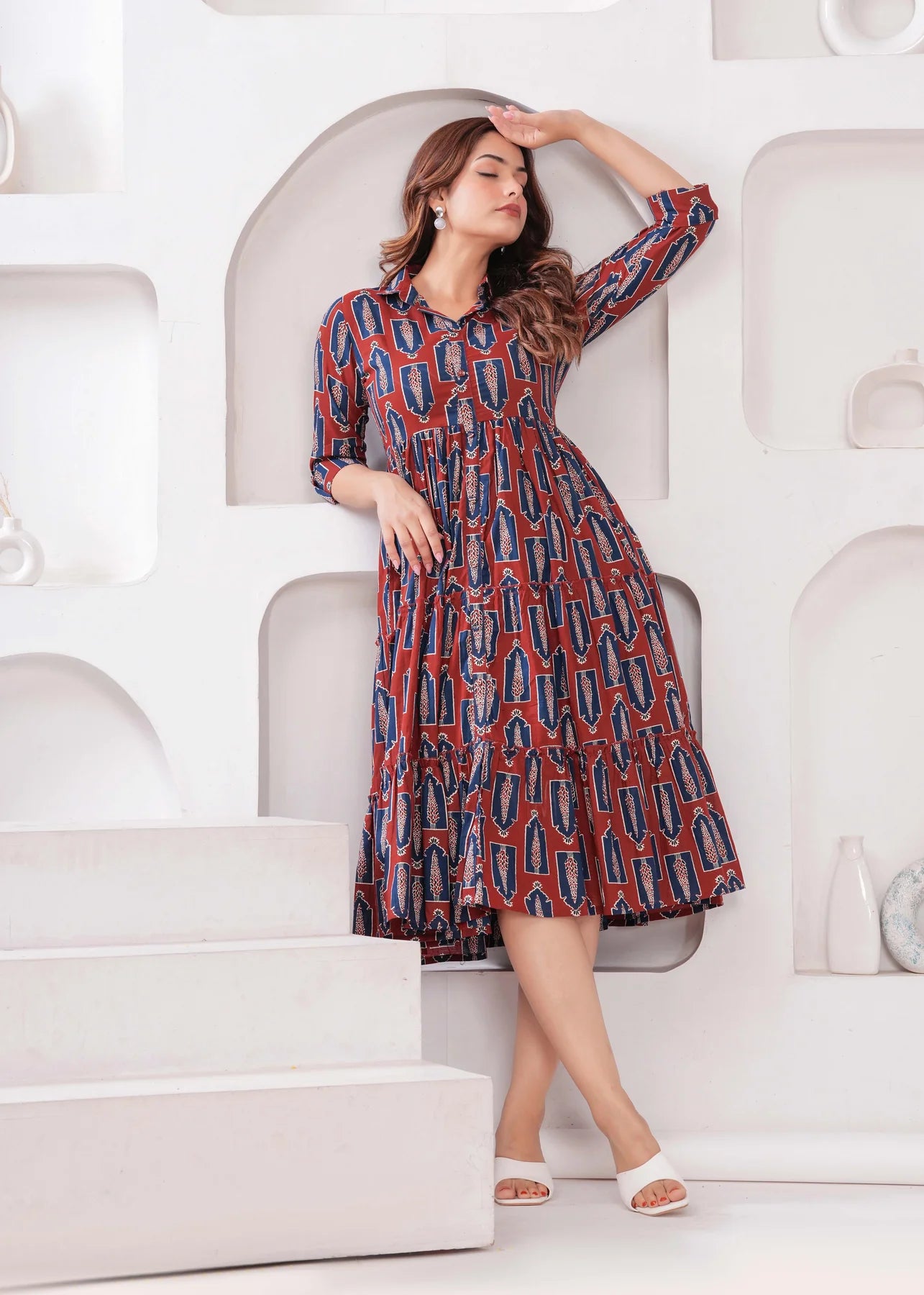 Maroon Ethnic Printed Flared Dress