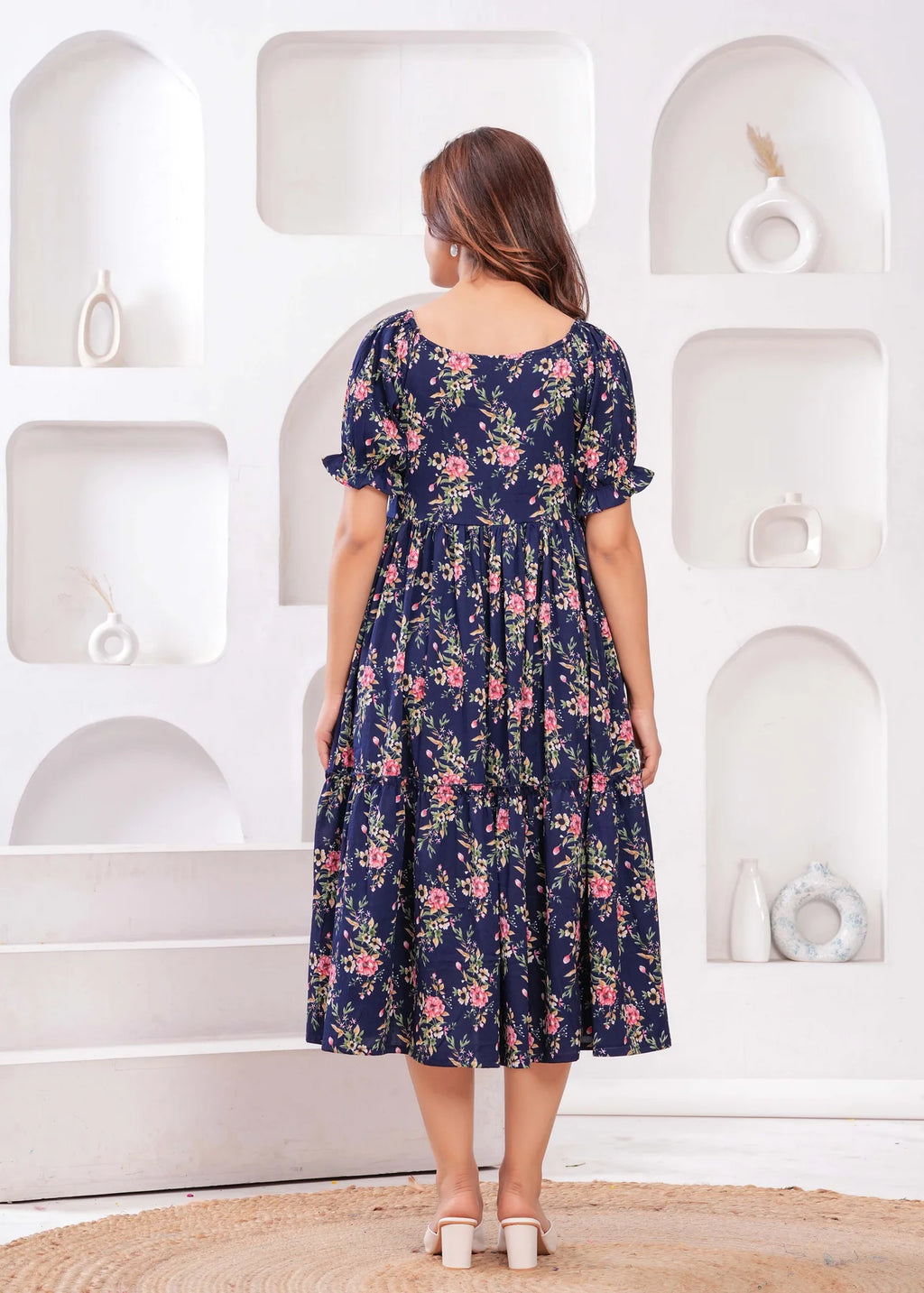 Navy Blue Ethnic Printed Flared Dress