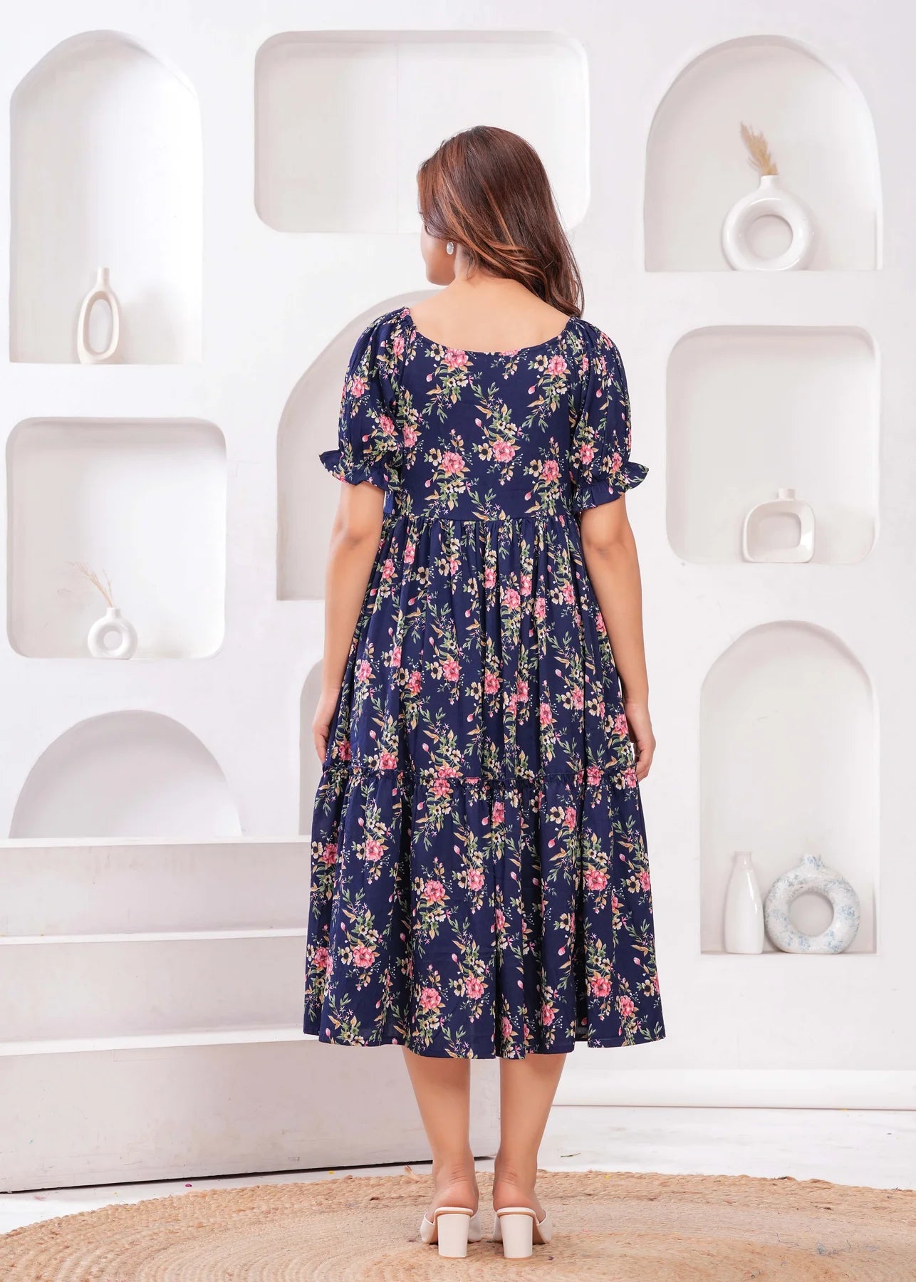 Navy Blue Ethnic Printed Flared Dress