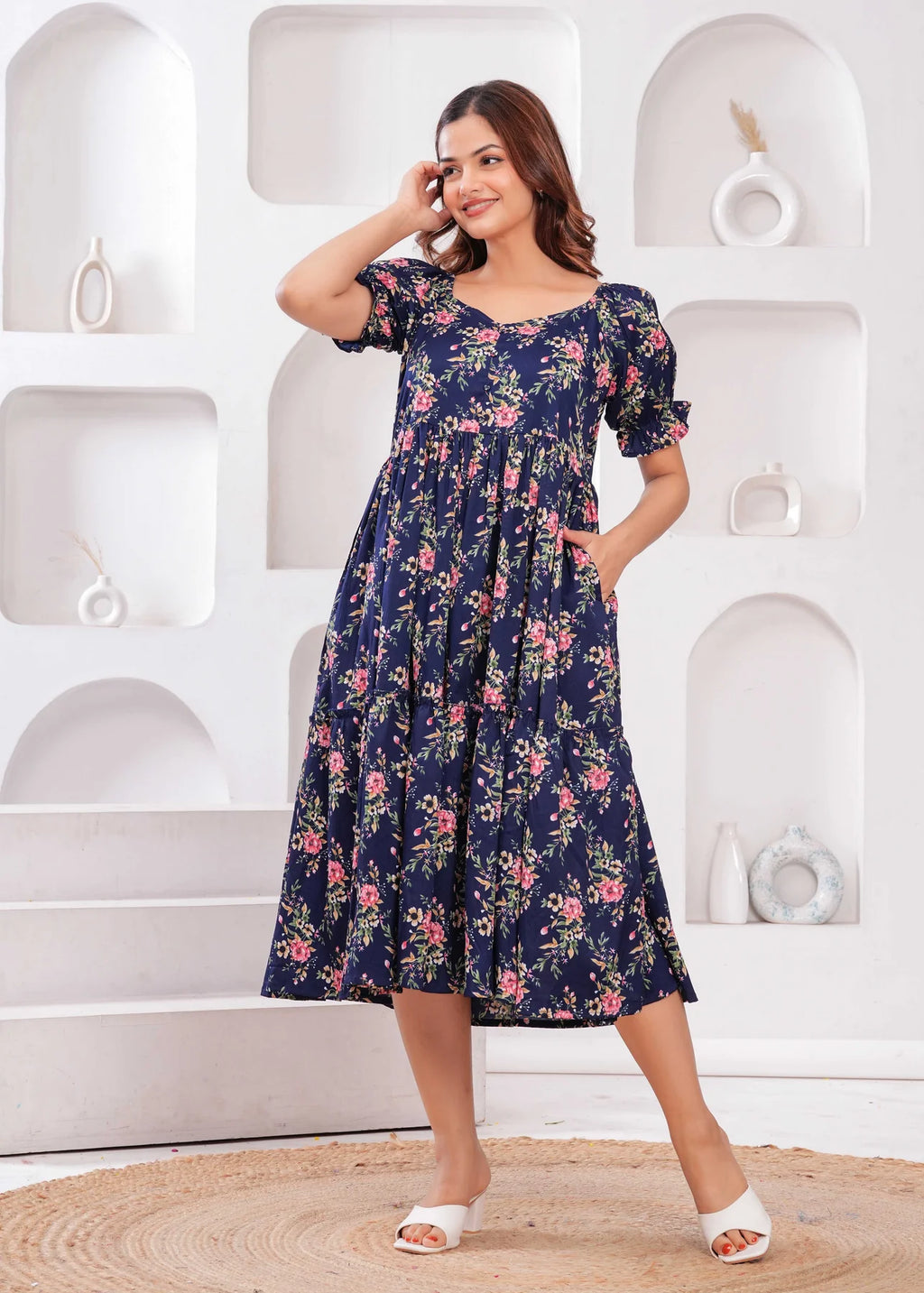 Navy Blue Ethnic Printed Flared Dress