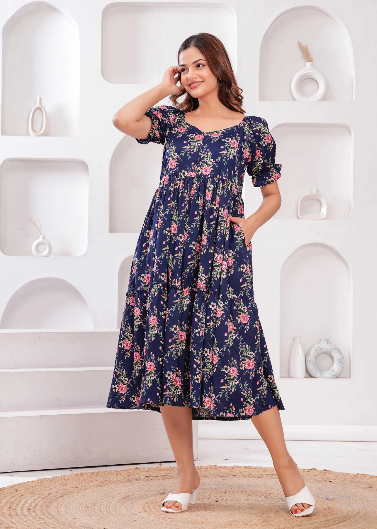 Navy Blue Ethnic Printed Flared Dress