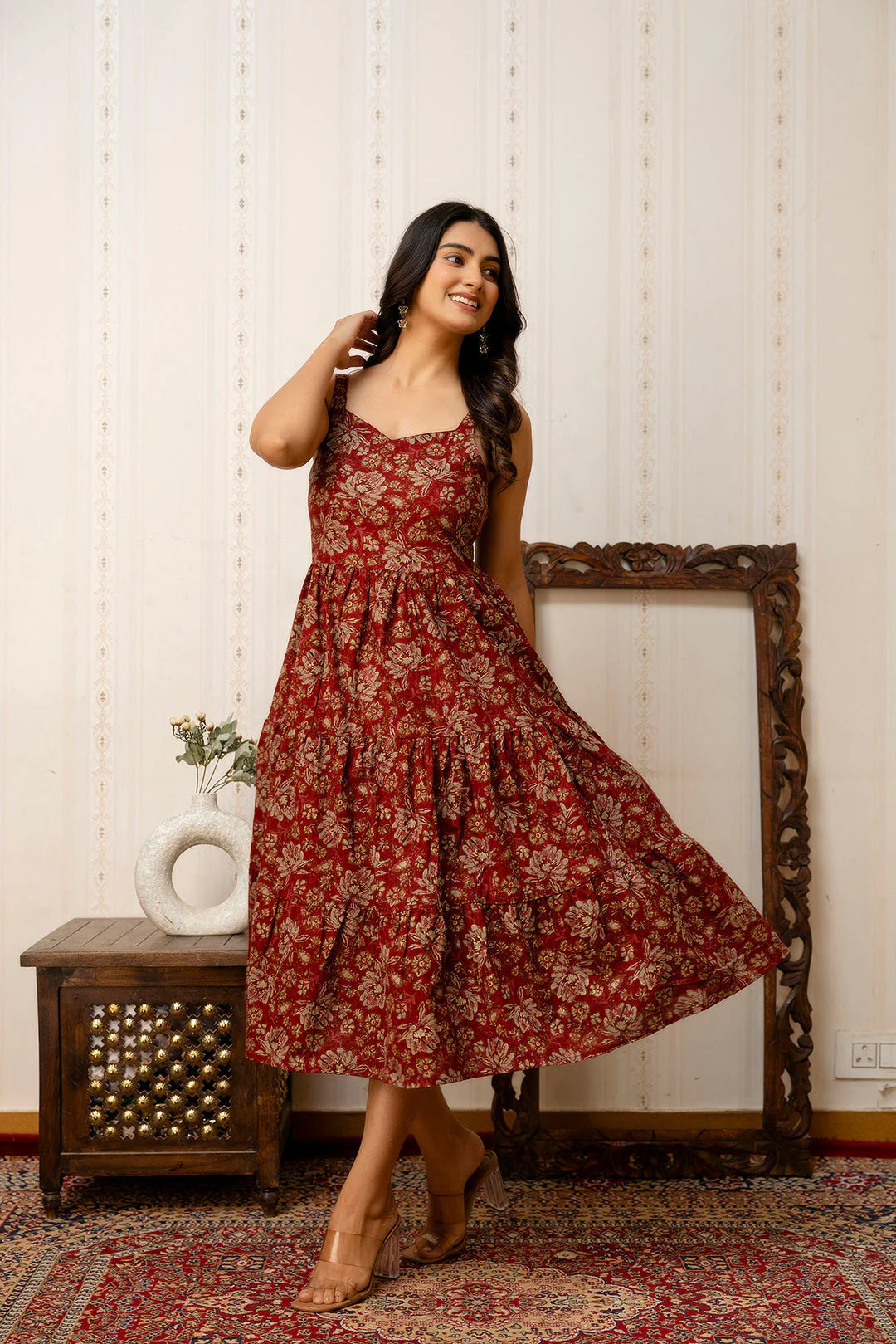 Maroon Floral Printed Flared Dress