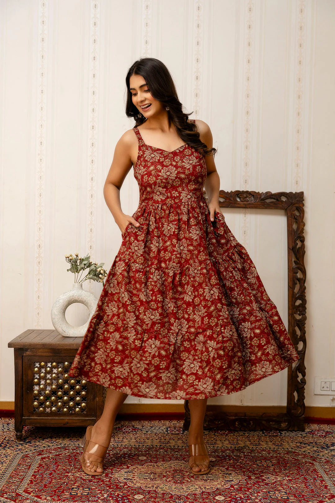 Maroon Floral Printed Flared Dress