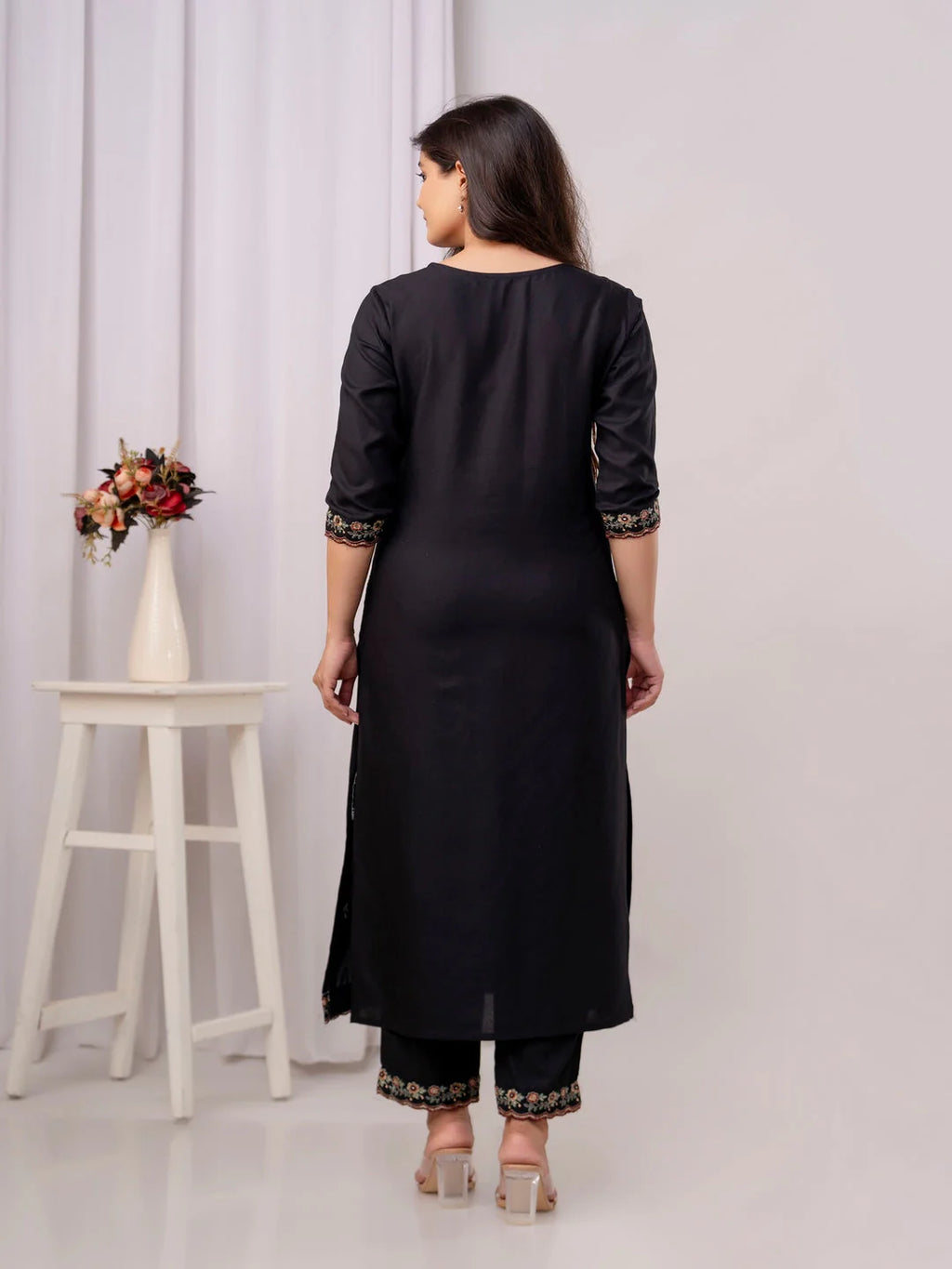 Cotton Embroidered Straight Kurta With Palazzos & Dupatta (Black)
