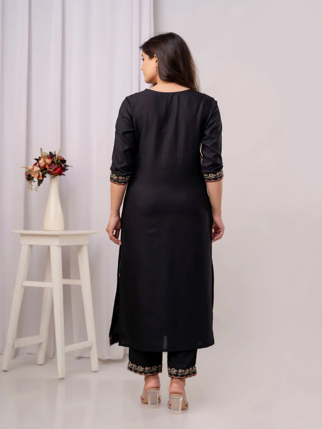 Cotton Embroidered Straight Kurta With Palazzos & Dupatta (Black)