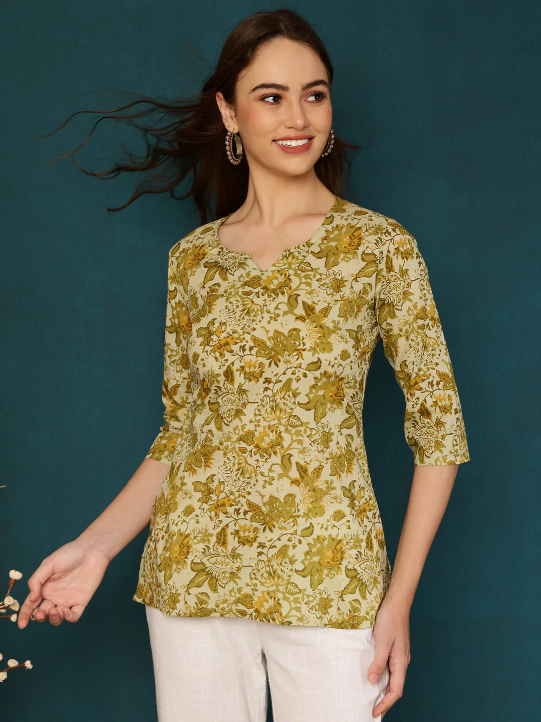 Cotton Printed Round Neck Yellow Top