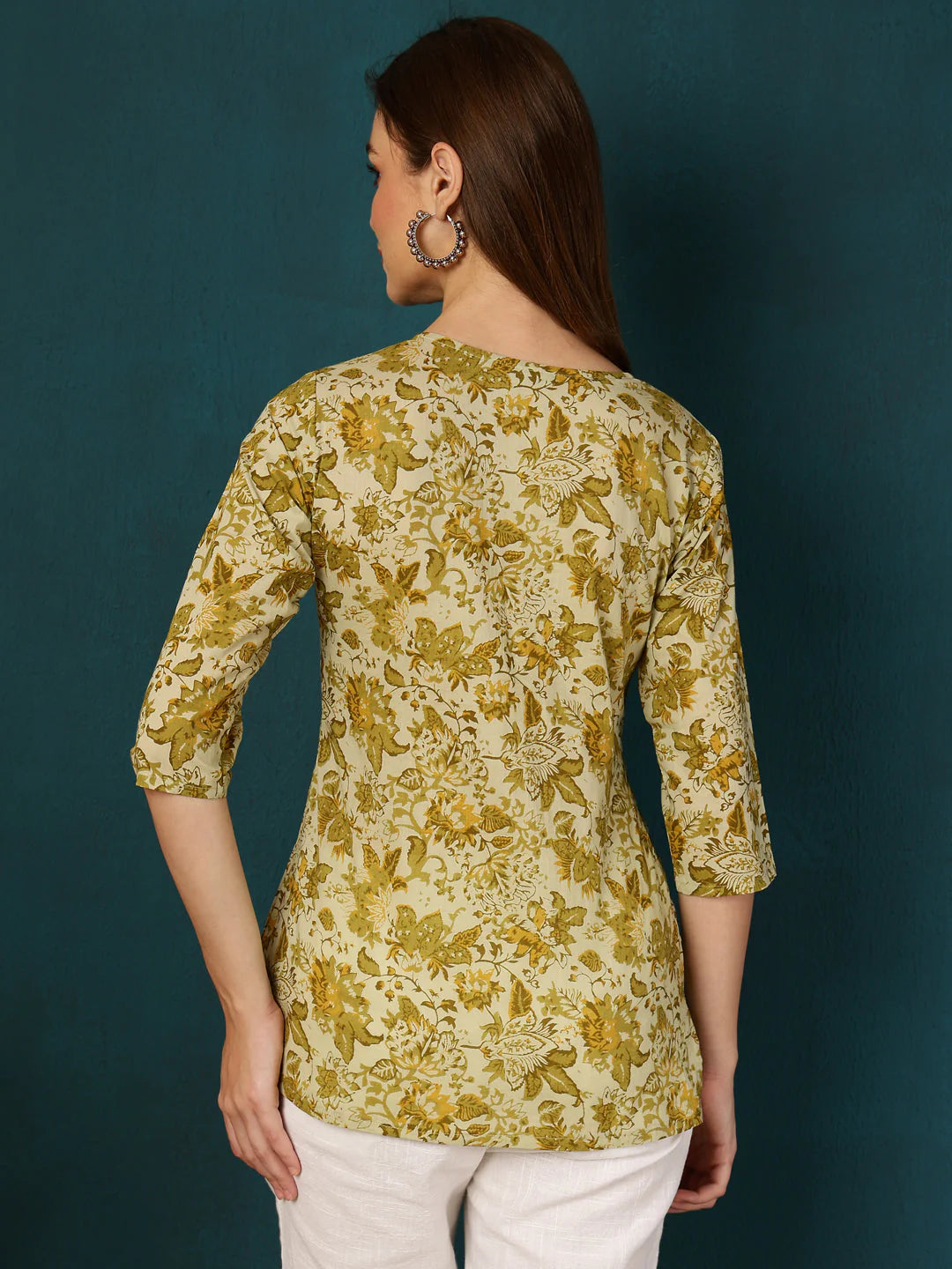 Cotton Printed Round Neck Yellow Top