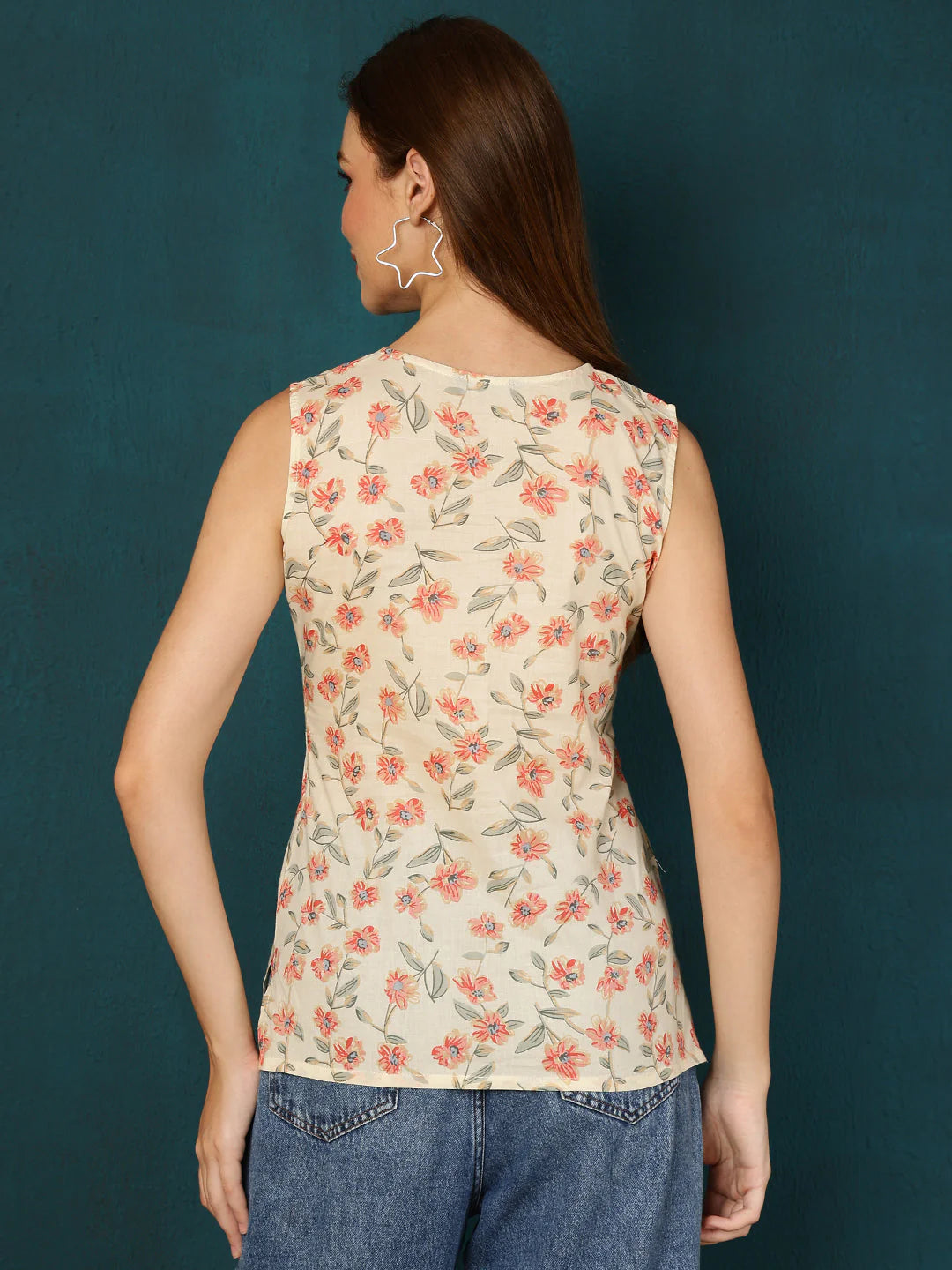 Cotton Printed Round Neck White Top