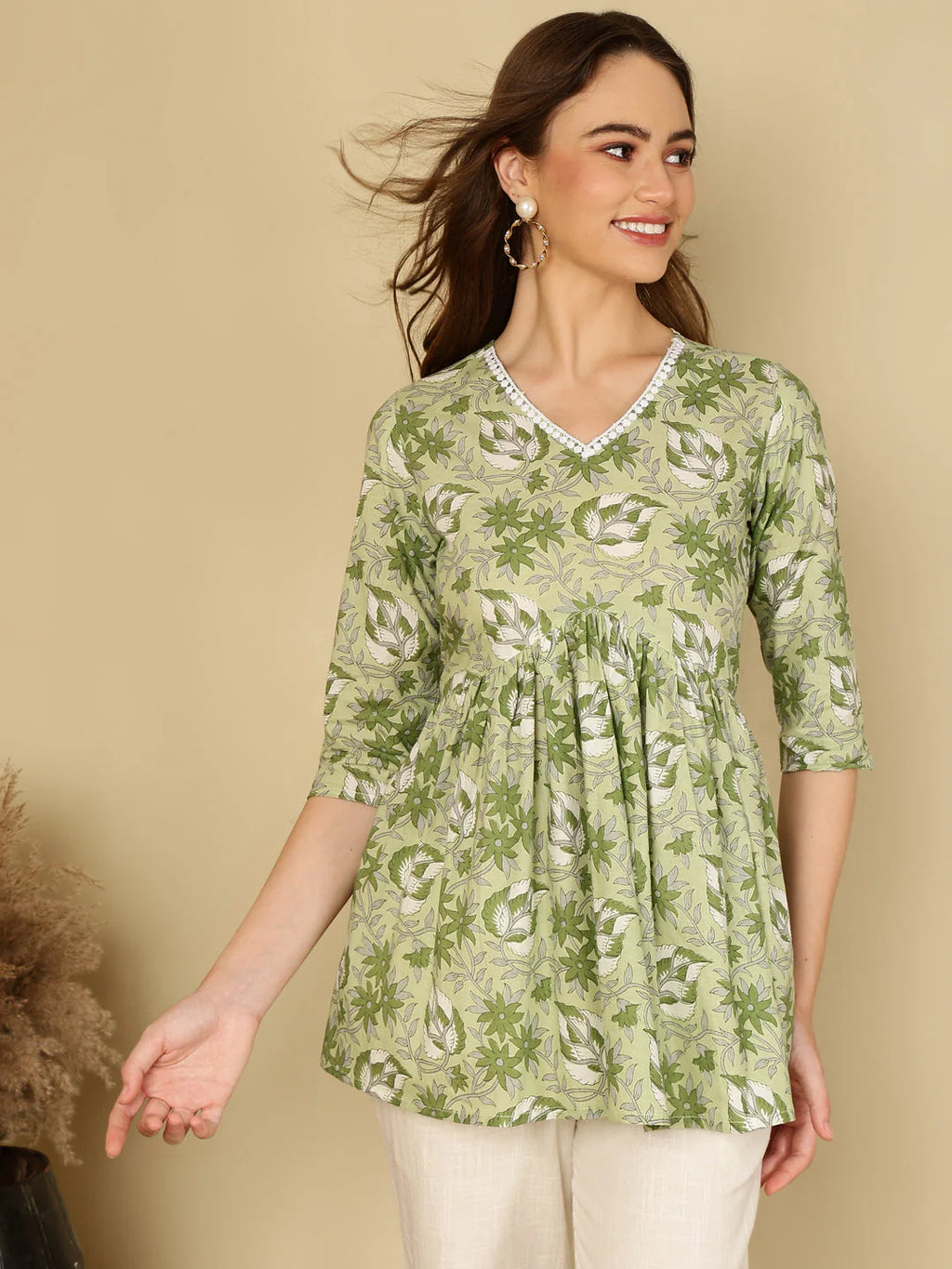 Cotton Printed V Neck Green Top