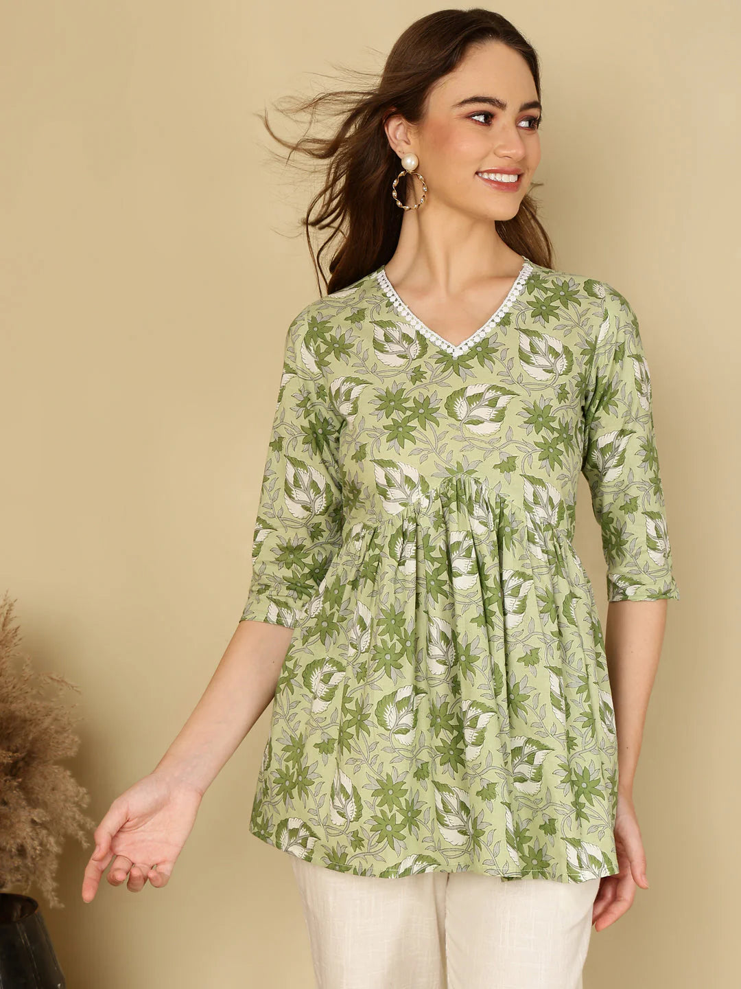Cotton Printed V Neck Green Top