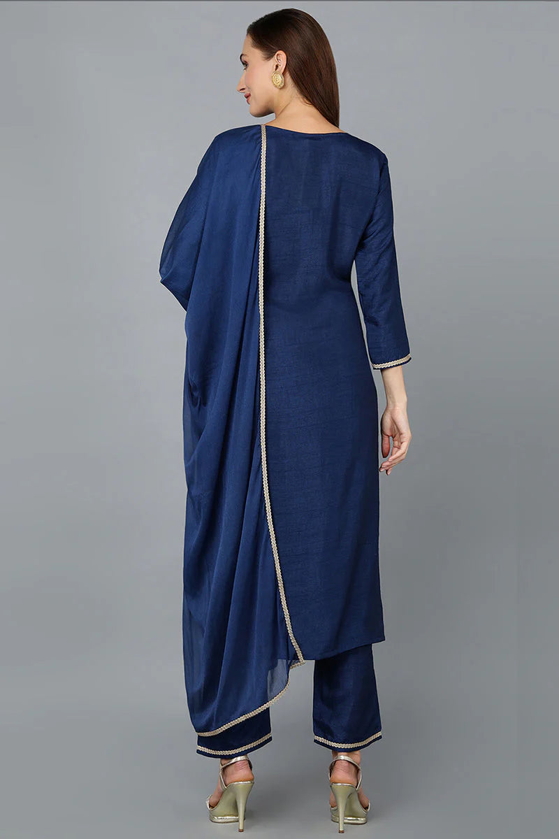 Blue Silk Blend Straight Yoke Design Kurta Pant With Dupatta
